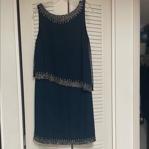 J Kara Navy Sleeveless Dress with Gold Embellishments